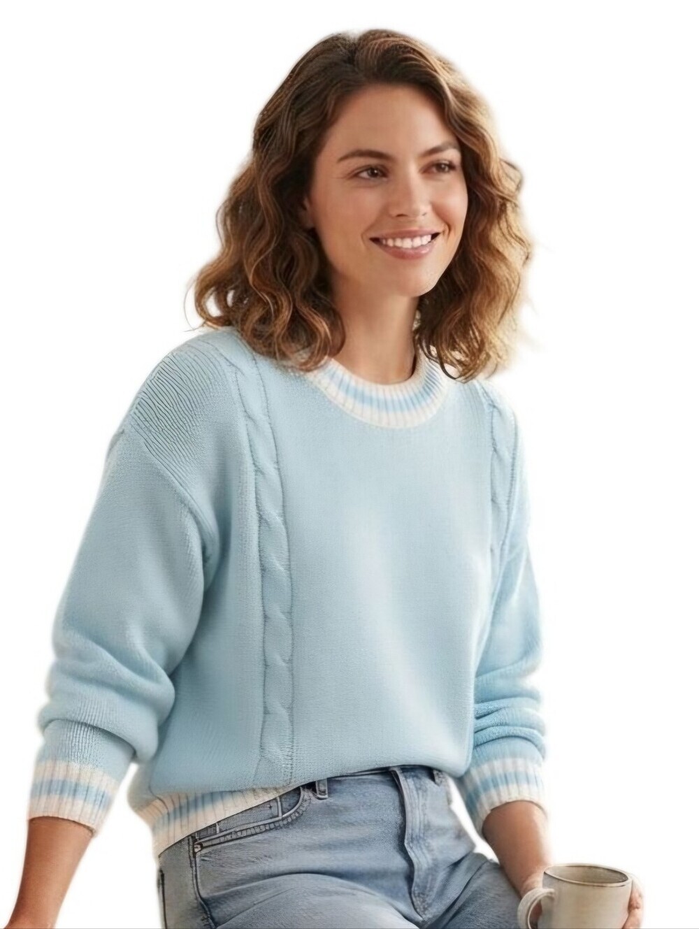 Chaus Vintage Collegiate Preppy Blue White CableKnit Crewneck Sweater Size M